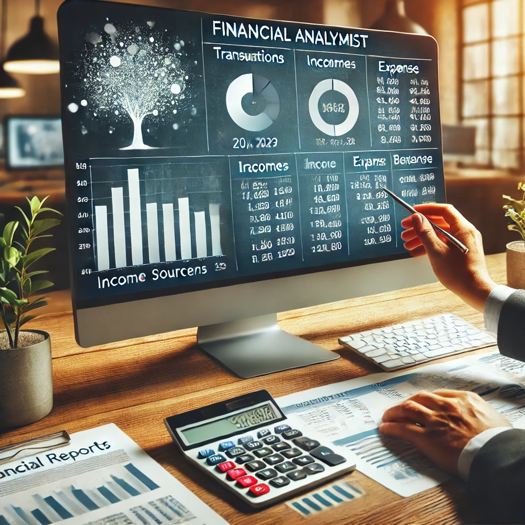 DALL·E 2025-02-20 12.49.50 - A professional financial analyst reviewing a digital bank statement on a large computer screen. The screen displays categorized transactions, income s
